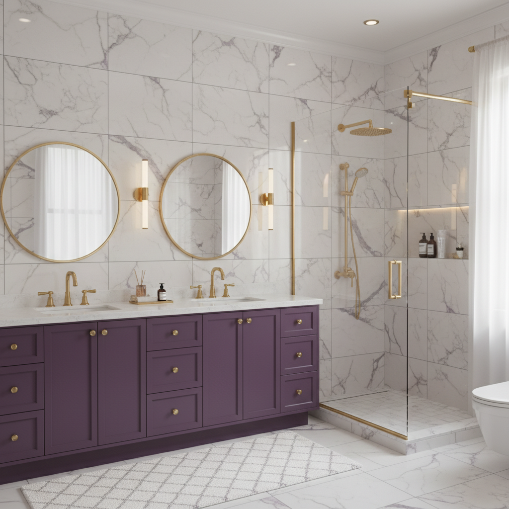 Baño elegante con grifería dorada