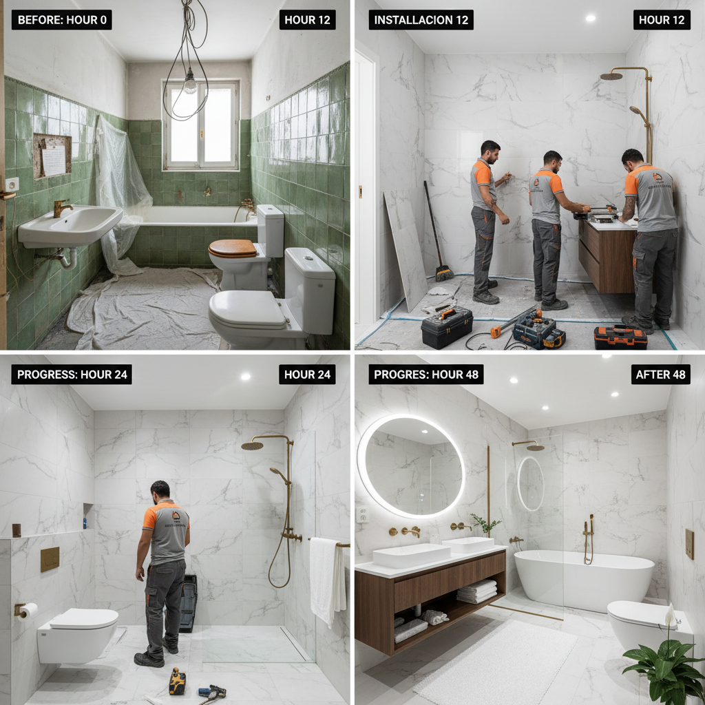 Equipo profesional reformando baño en 48 horas